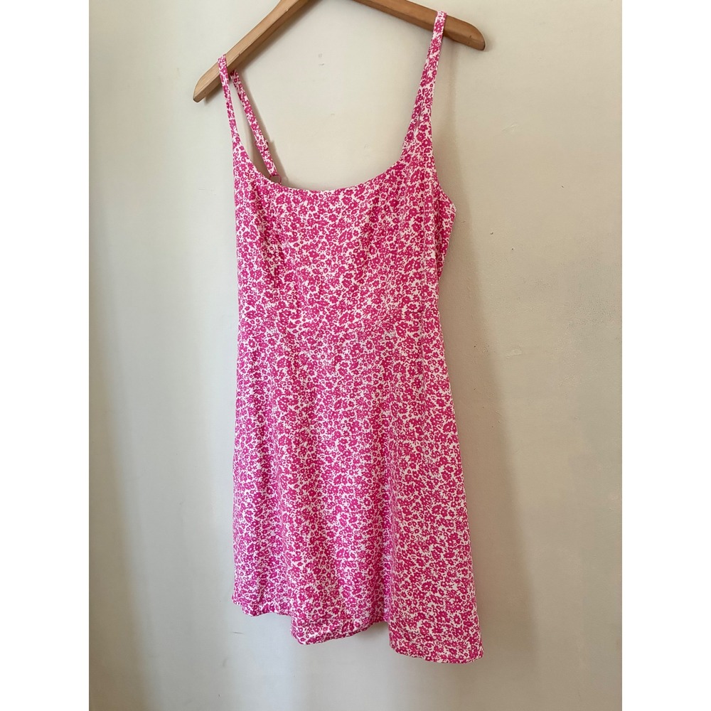 Old Navy Pink Floral Linen Blend Smocked Back Mini Dress with Pockets Size M
